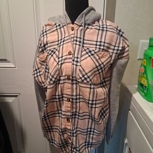 No Boundaries Pink Plaid  Button-Down Shirt with Gray Hoodie Size 2xl